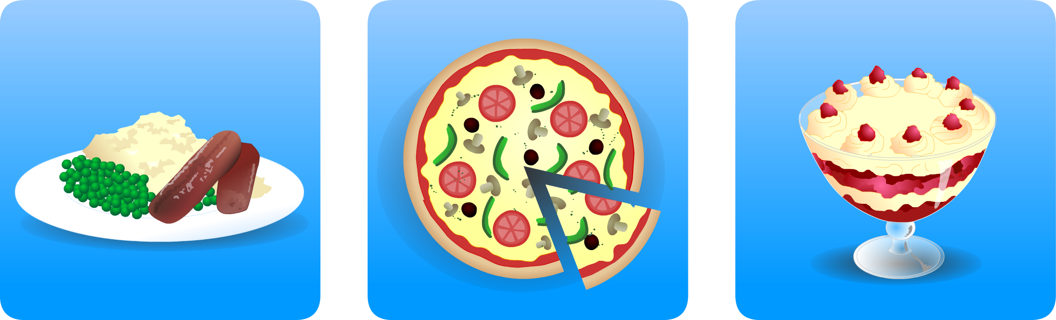 left image contains plate with sausage, mashed potato and peas; centre image show pizza; right image shows trifle dessert