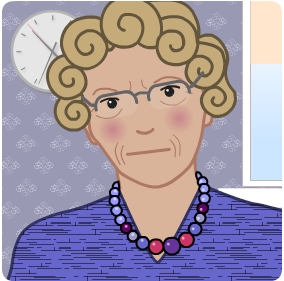 Edith indoors, looking concerned