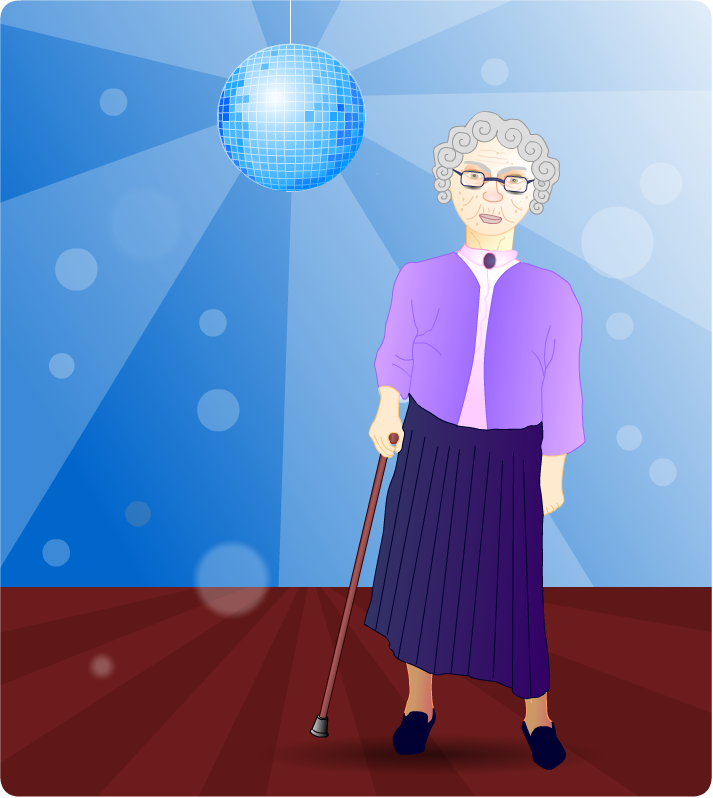 Granny Edna on the dance floor with her walking stick