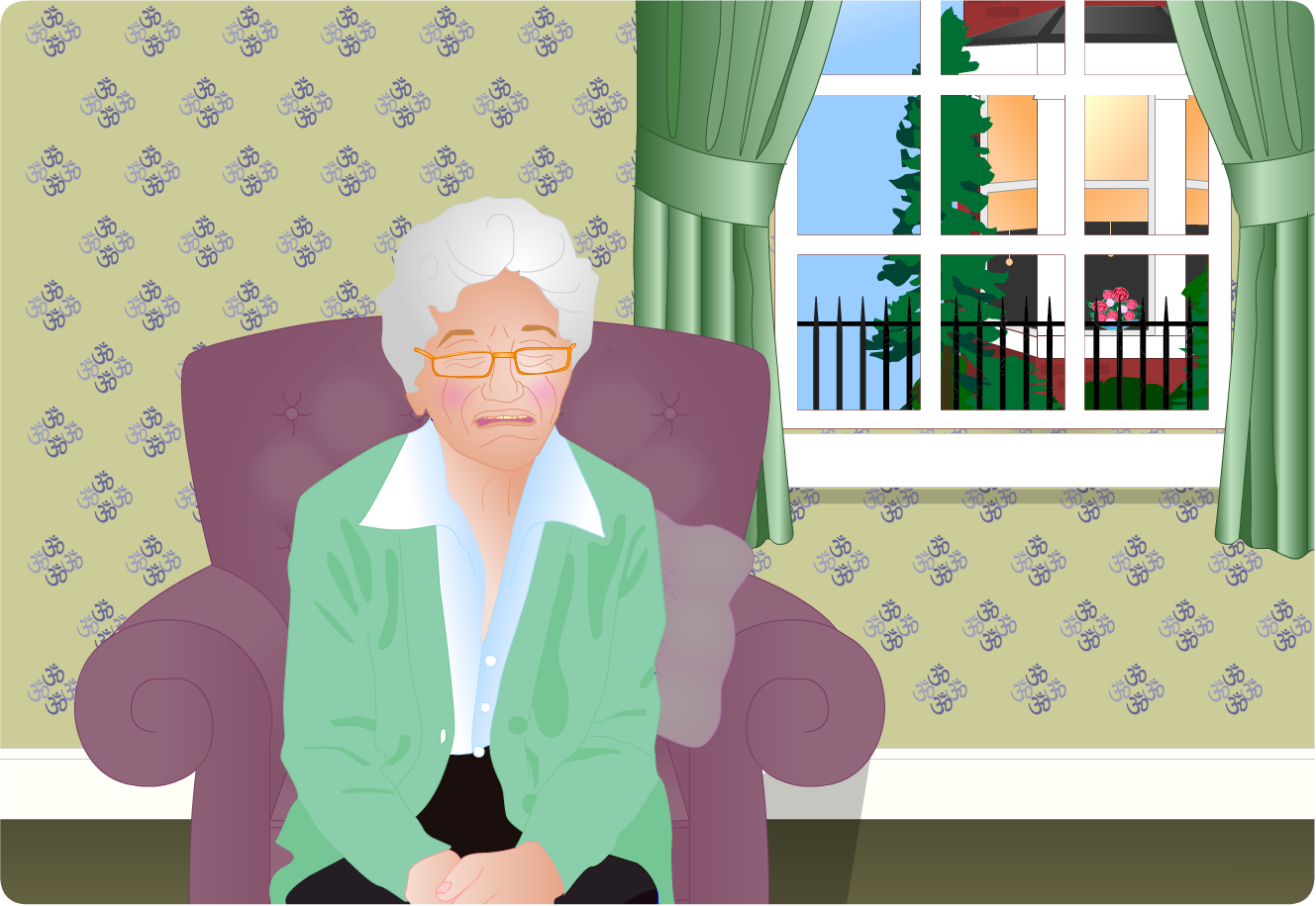 elderly lady sitting in armchair and looking distressed