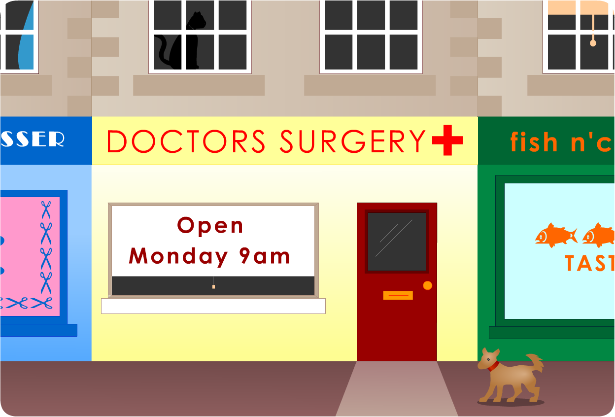 John's dog outside his GP's surgery
