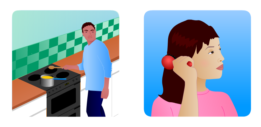man cooking and woman brushing her hair