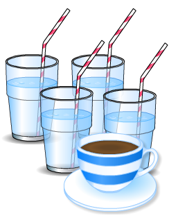 Four glasses of water and a cup of tea