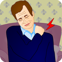A picture of a man in pain, holding his shoulder