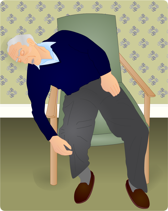 elderly gentleman slumped to right side of armchair