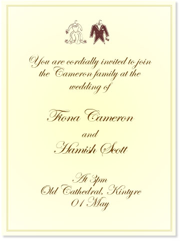 a wedding invitation card for Fiona Cameron and Hamish Scott