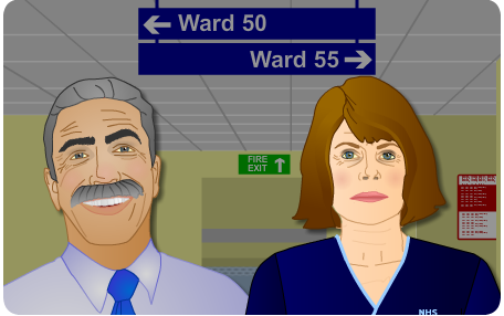A picture of Dr Porter and Staff Nurse Cameron in a hospital corridor