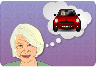 A picture of Flora, she is thinking about driving her car again.