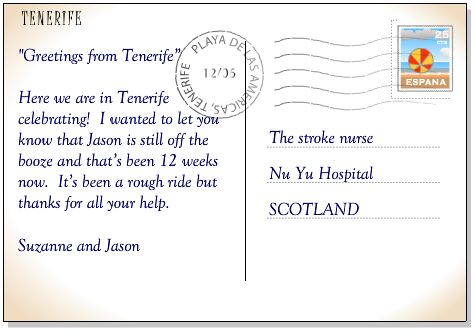 A postcard from Jason and Suzanne to the stroke unit. It reads 
