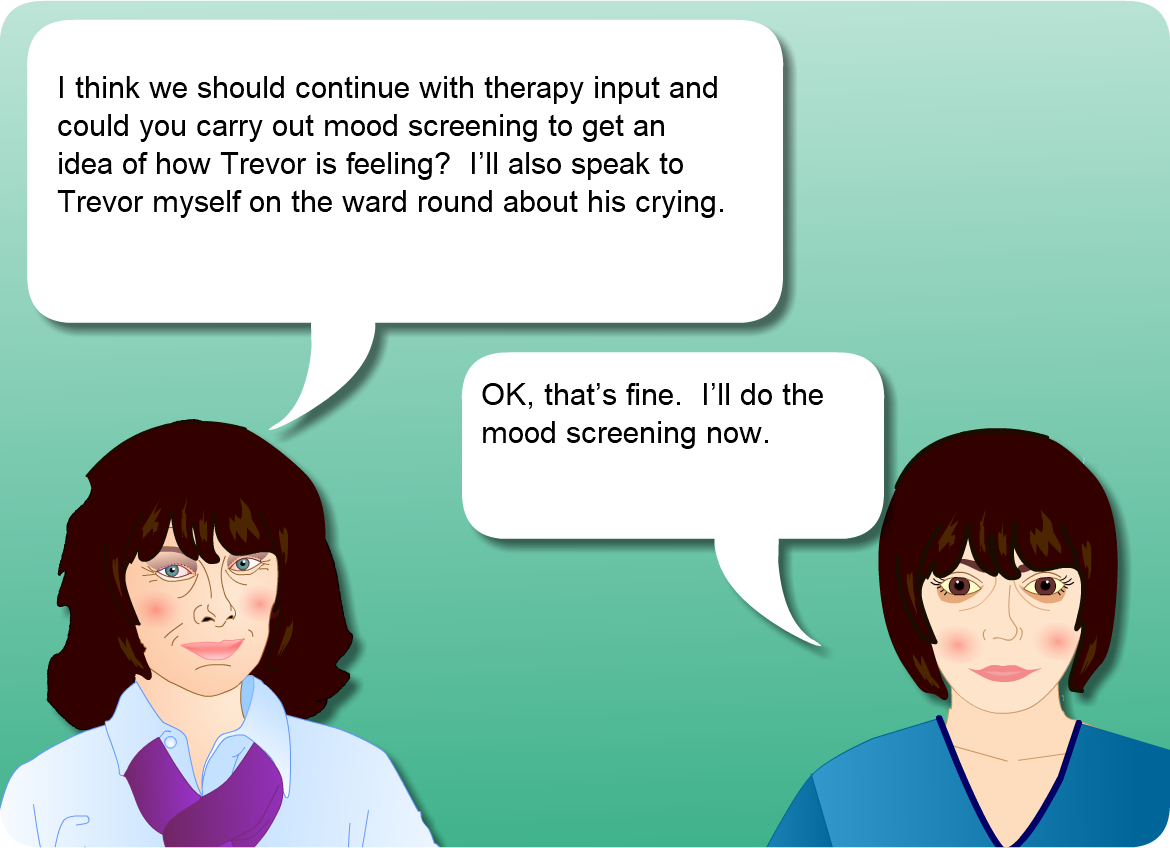 nurse and doctor having conversation - see view text alternative button for contents of speech bubbles