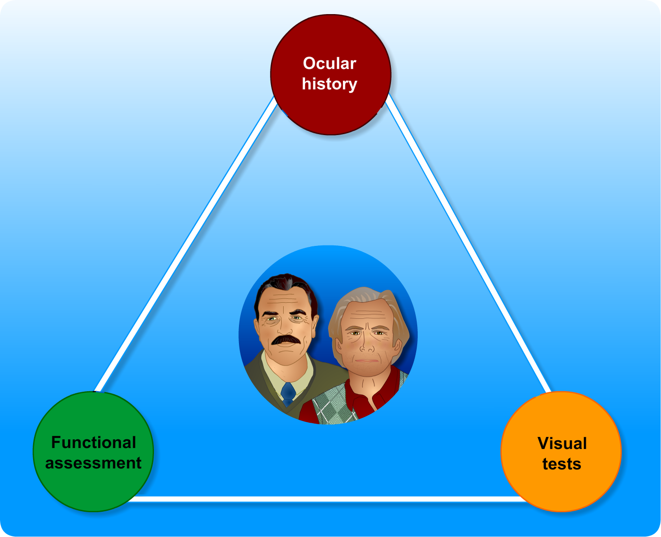 diagram showing connections between ocular history, functional assessment, and visual tests