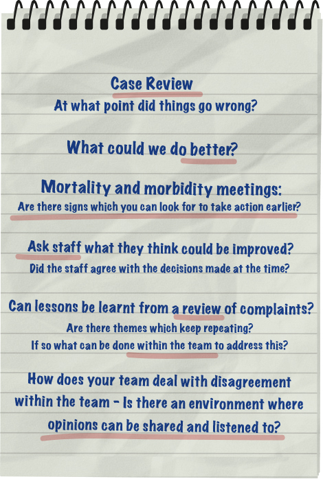 handwritten notepad entry detailing case review and lessons learnt: see view text alternative button for details
