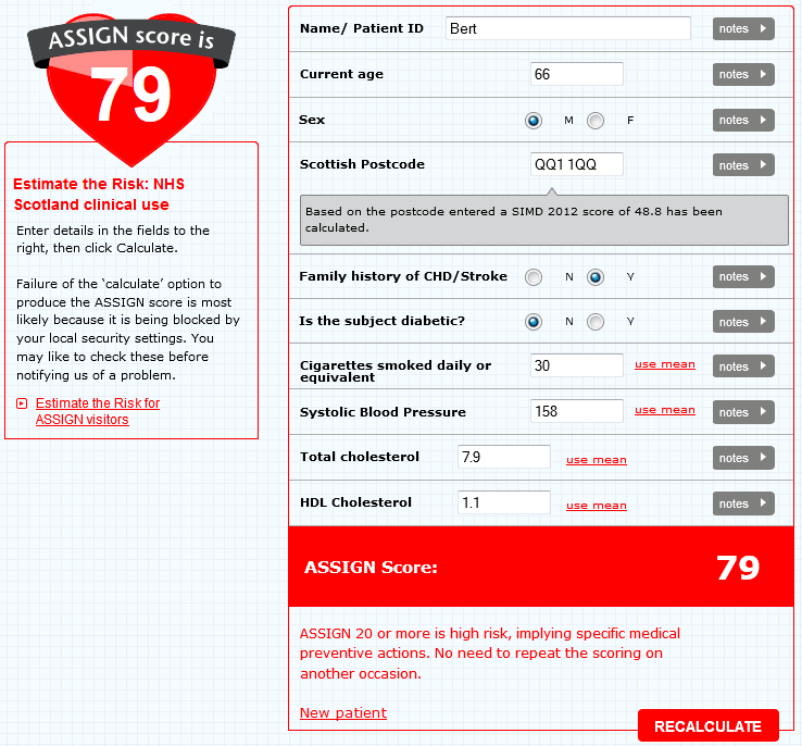 screenshot of ASSIGN score calculator: see view text alternative for details