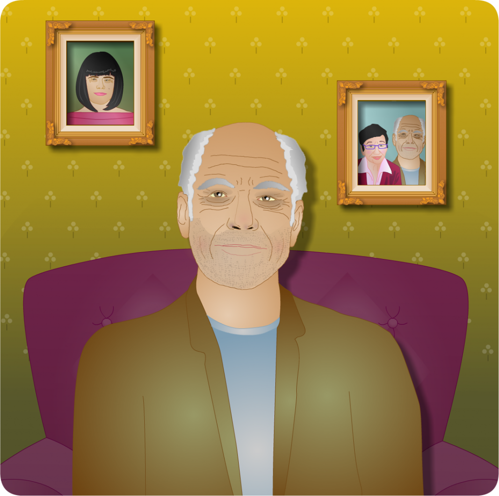 Bert with family portraits in the background