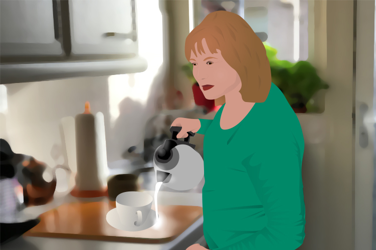 Sally pouring the kettle but missing the cup, after a stroke
