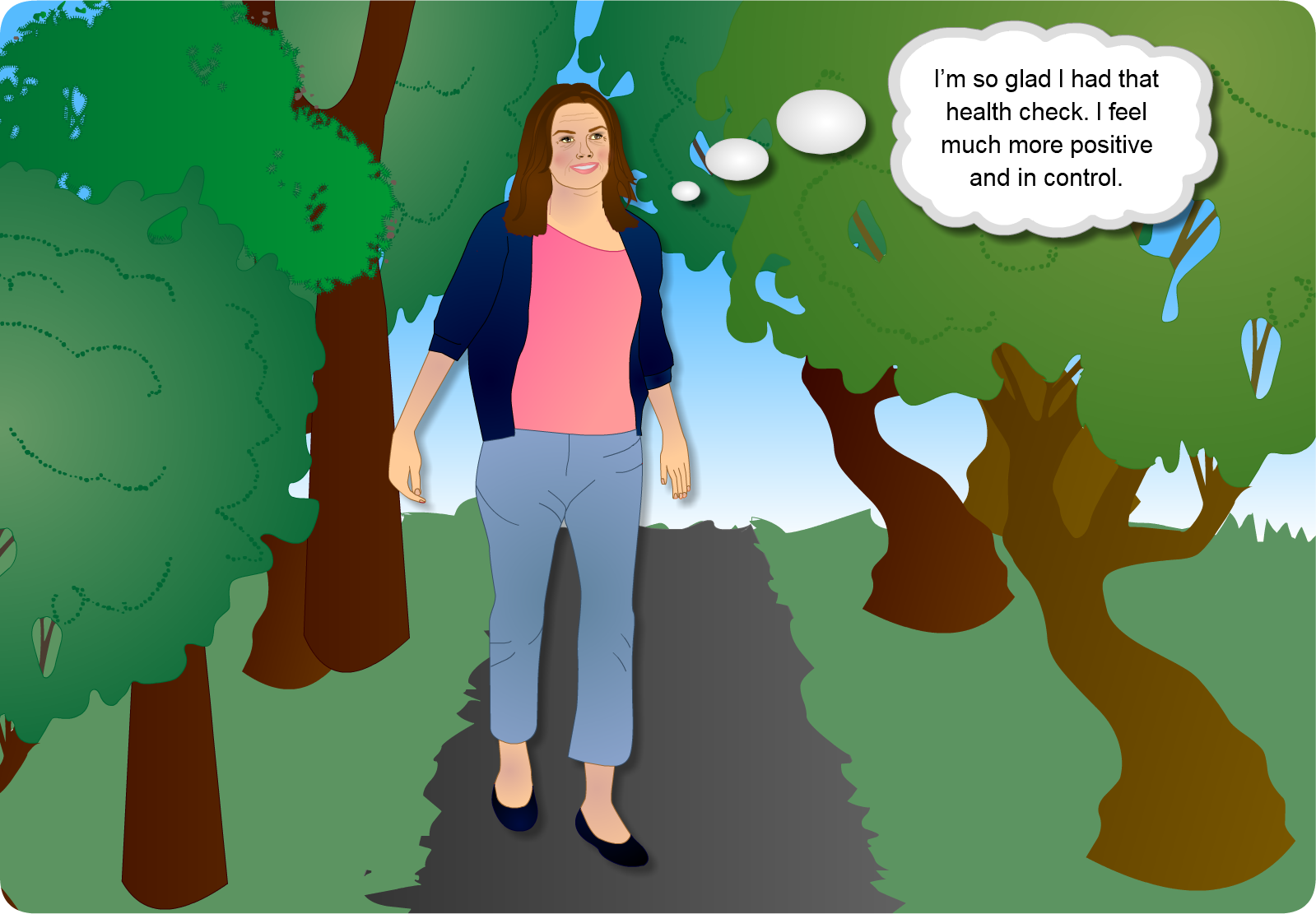 Anne walking through the woods - see view text alternative for thought bubble details