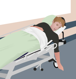 Dave on emergency trolley arriving at hospital