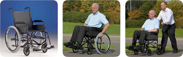 three images: empty wheelchair, man sitting in wheelchair and propelling himself, man sitting in wheelchair and being pushed by somebody else