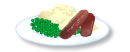 meal with sausage, mash, and peas