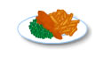 a plate of battered fish, chips, and peas