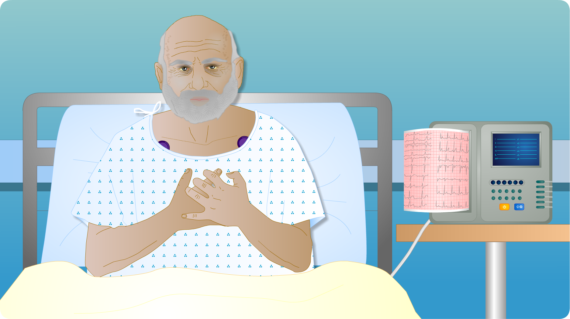 Hamish back in his hospital bed and clutching his chest
