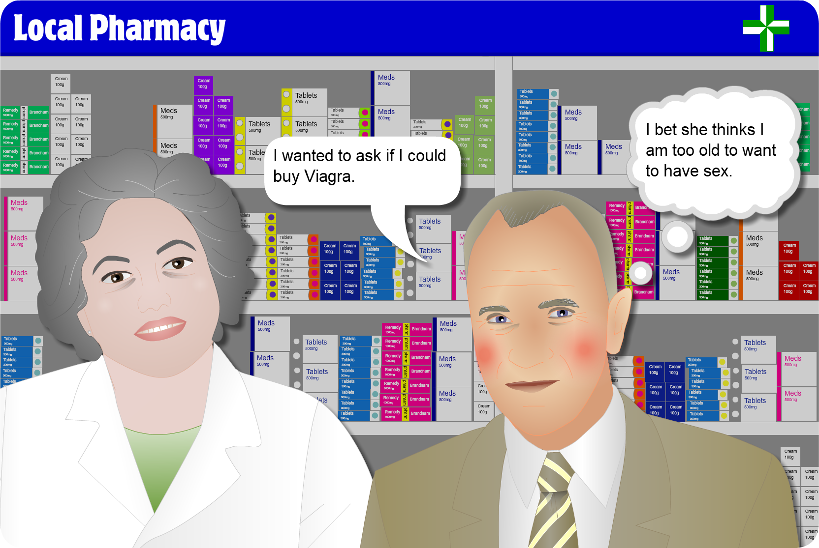 Ben visiting the pharmacy: see view text alternative for transcript
