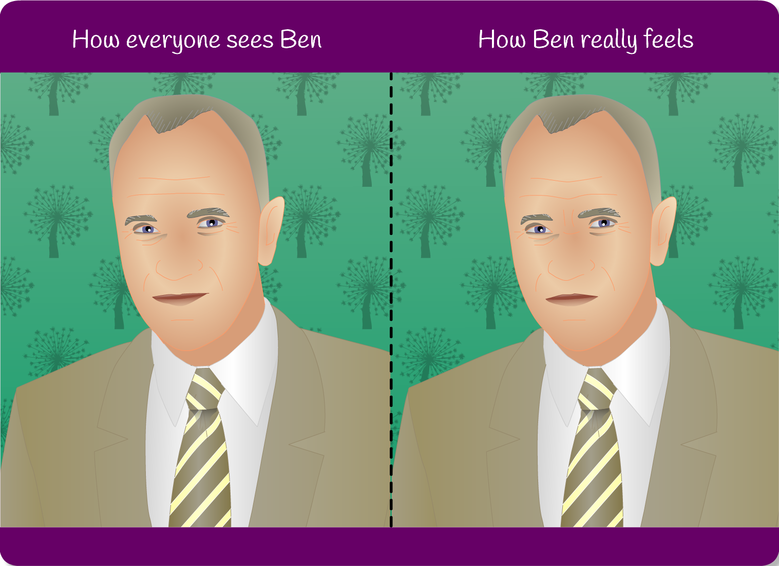 double image comparing how others see Ben with how he really feels