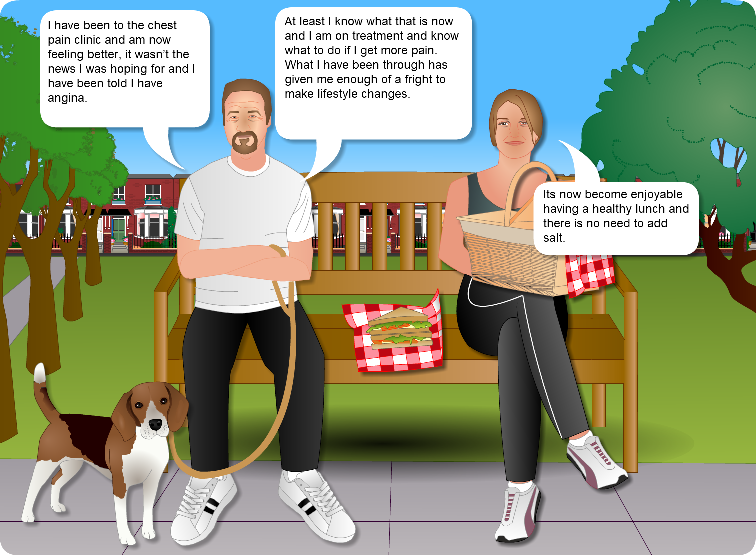 Bryan and his wife having a picnic and talking about the medical outlook and healthy eating options: see view text alternative for transcript