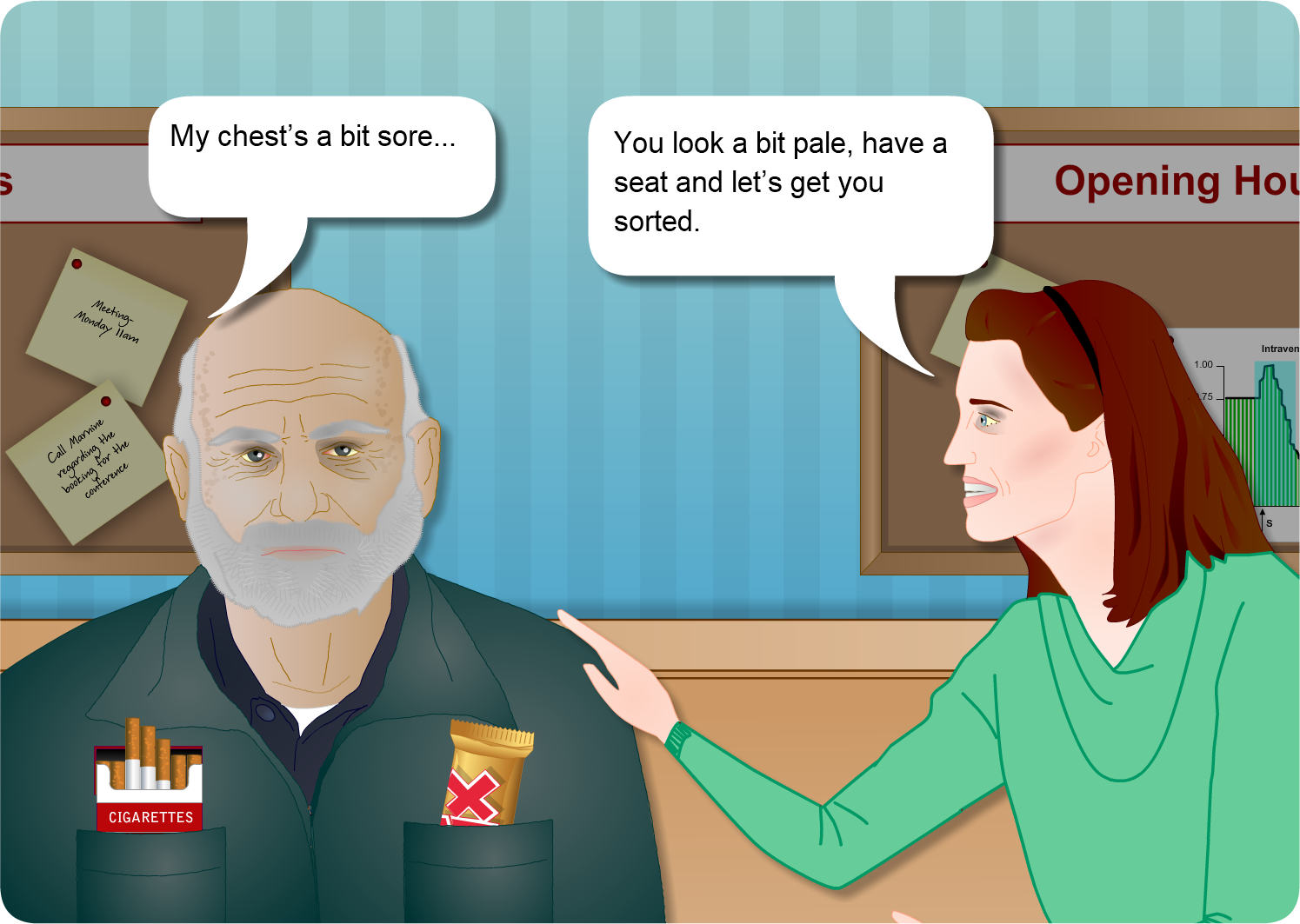 Hamish being reassured by the nurse in the practice: see view text alternative for details