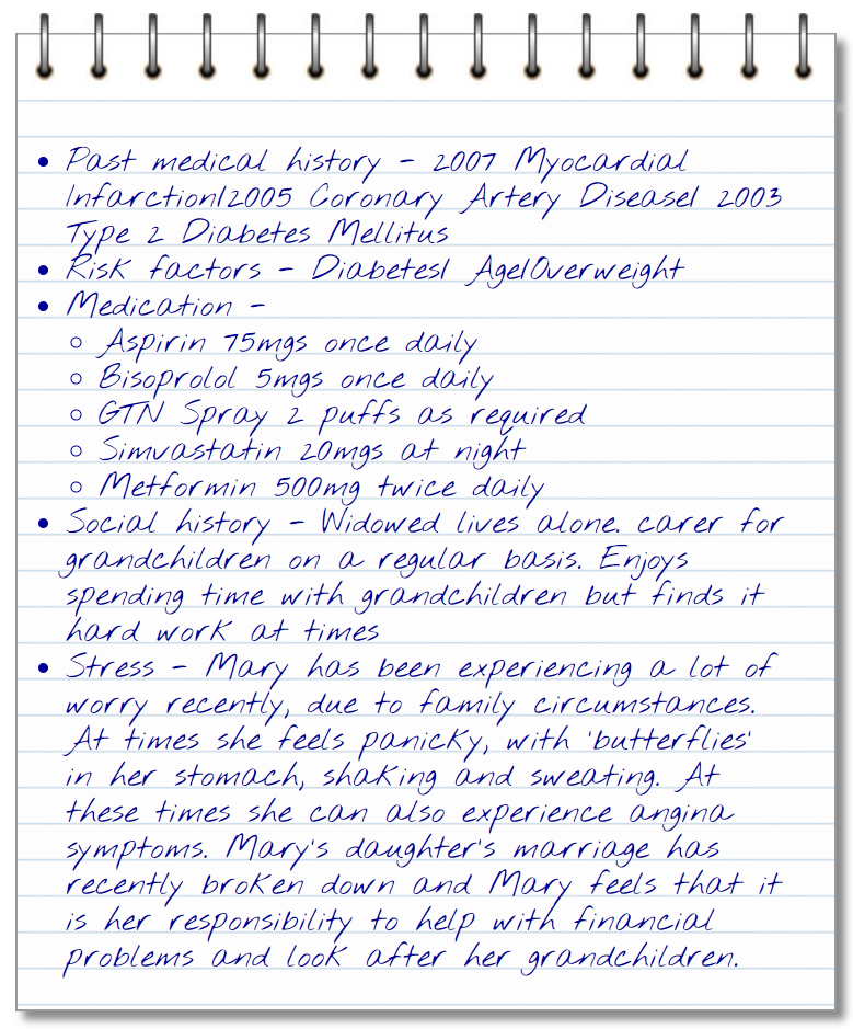 handwritten pad notes from Mary's consultation: see view text alternative for details