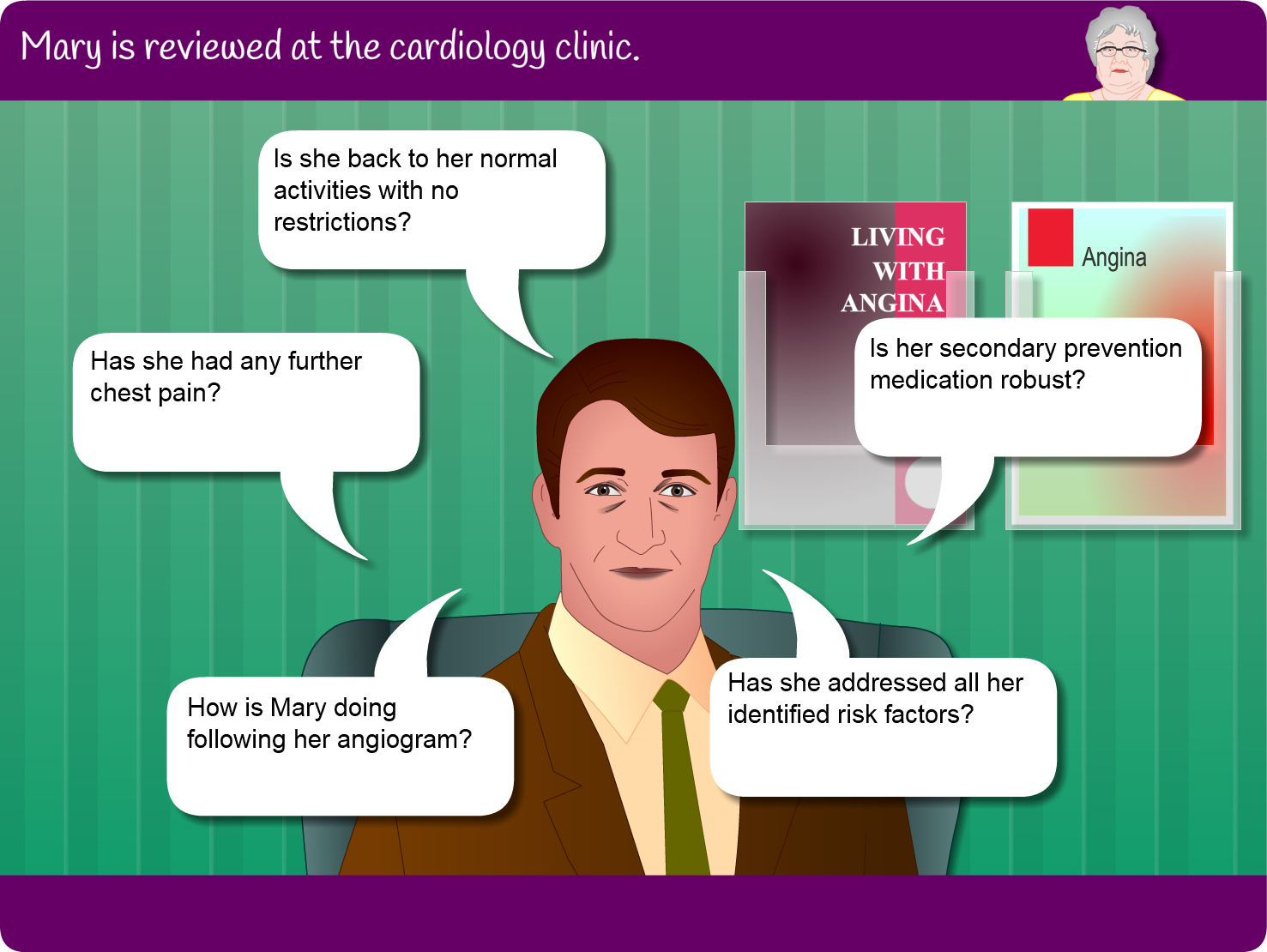 Mary is reviewed at the cardiology clinic. See view text details for what the specialist says to her.