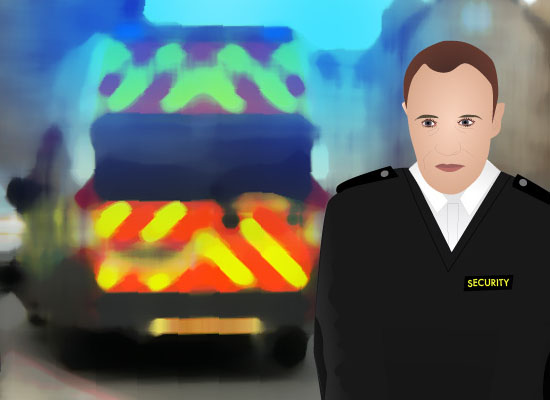 Security guard with ambulance in background