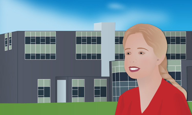 Kirsten in front of her school