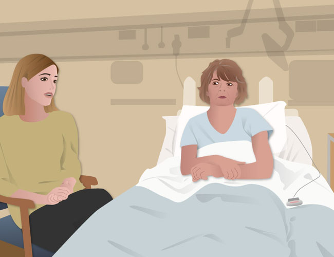 Margaret in hospital bed, her daughter visiting