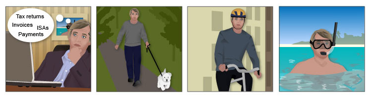 Angus doing different activities: Work, walking the dog, cycling and snorkelling
