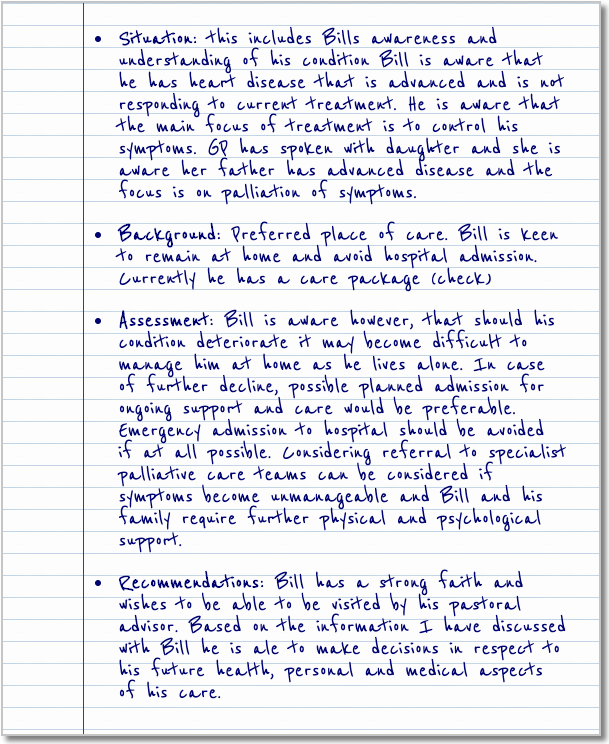Notes of Bill's care wishes (see text alternative for details)