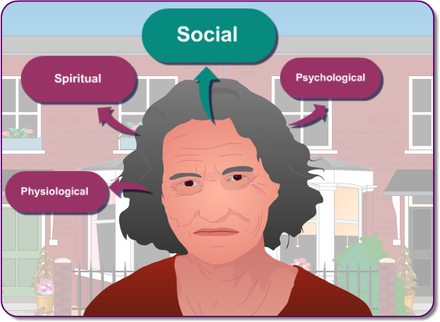 Sally portrait with labels: Physiological, Spiritual, Psychological and Social 