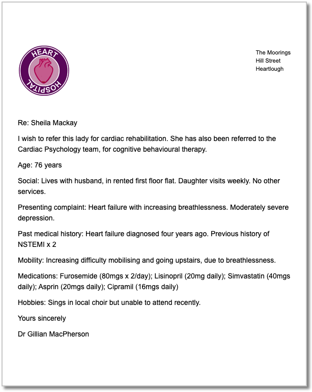 Sheila's referral letter
