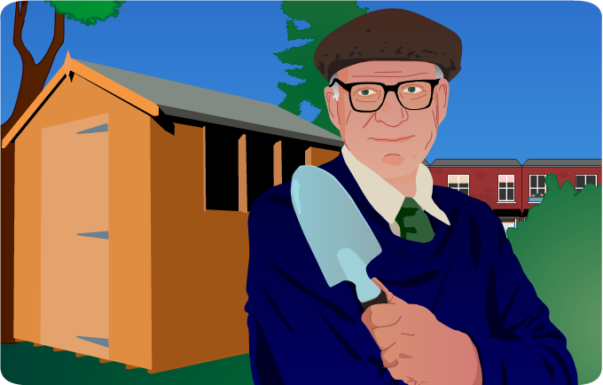 Stuart wielding a trowel in his garden, with his shed behind him