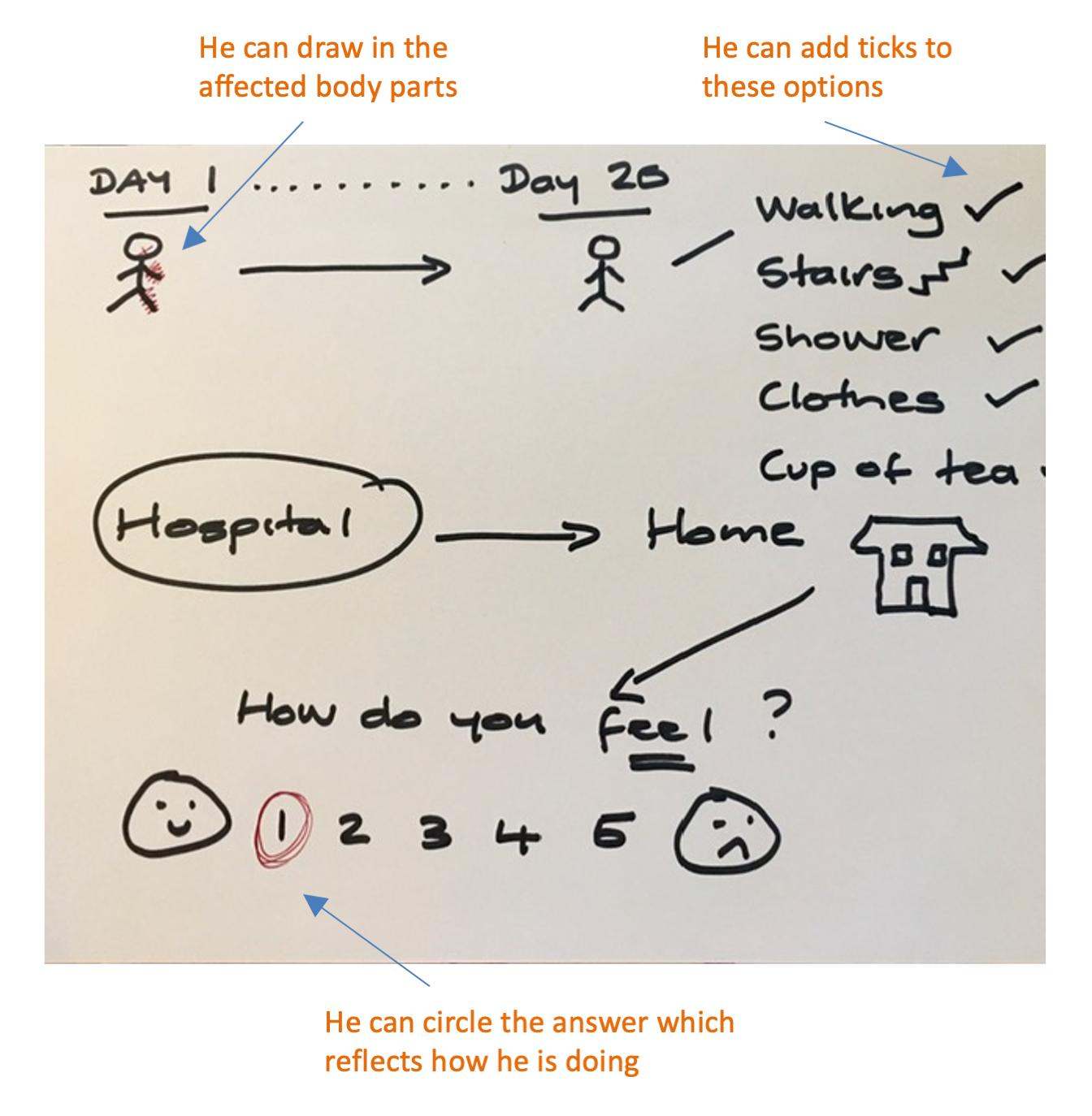 Hand-drawn diagram used as visual aid with patient