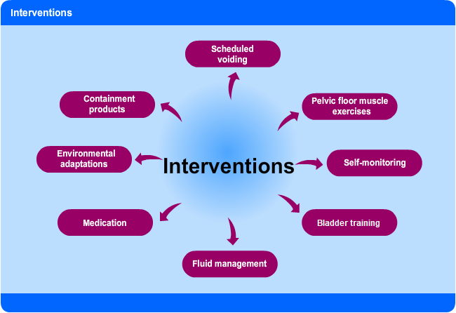 An 'inverventions' chart with several considerations; 'Scheduled voiding', Pelvic floor muscle exercises, self-monitoring, bladder training, fluid management, medication, environmental adaptations, containment products