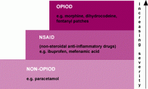 A graph that shows pain medicine against increasing severity. The bottom tier is 'Non-opiod, e.g. paracetamol. The middle tier is 'NSAID; non-steroidal anti-inflammatory drugs, e.g. ibuprofen, mefenamic acid). The top tier is 'Opiods e.g. morphine, dihydrocodeine, fentanyl patches