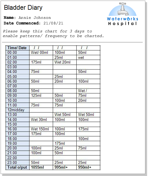 Annie's bladder chart